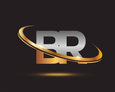 İlk harfi BR logotype şirketi. Renkli altın ve gümüş rengi desenli. Siyah arkaplanda izole.