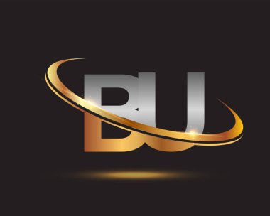 İlk harfi BU logotype şirketi. Renkli altın ve gümüş rengi desenli. Siyah arkaplanda izole.