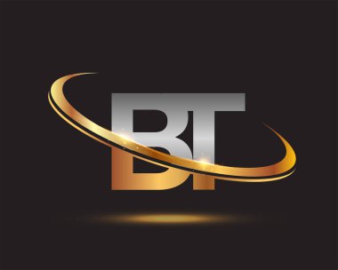 İlk harfi BT logotype şirketi. Renkli altın ve gümüş rengi desenli. Siyah arkaplanda izole.