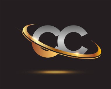 İlk harf CC logotype şirketinin adı altın ve gümüş rengi desenli. Siyah arkaplanda izole.