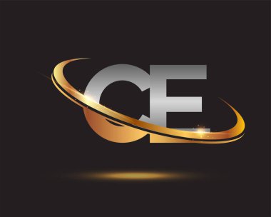 İlk harfi CE logotype şirketi. Renkli altın ve gümüş rengi desenli. Siyah arkaplanda izole.