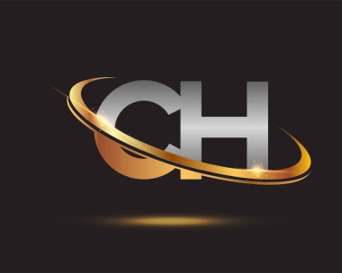 İlk harfi CH logotype şirketi. Renkli altın ve gümüş rengi desenli. Siyah arkaplanda izole.