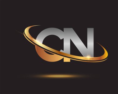 İlk harf CN logotype şirketinin adı altın ve gümüş rengi desenli. Siyah arkaplanda izole.