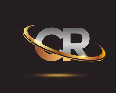 İlk harf CR logotype şirketi. Renkli altın ve gümüş rengi desenli. Siyah arkaplanda izole.