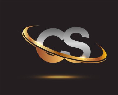 İlk harf CS logotype şirketinin adı altın ve gümüş rengi desenli. Siyah arkaplanda izole.