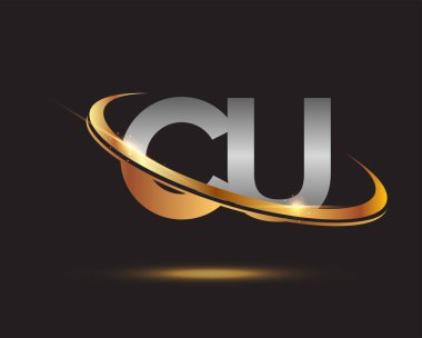 İlk harfi CU logotype şirketi. Renkli altın ve gümüş rengi desenli. Siyah arkaplanda izole.