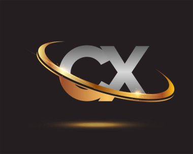 İlk harf CX logotype şirketi. Renkli altın ve gümüş rengi desenli. Siyah arkaplanda izole.