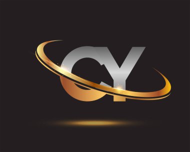 İlk harf CY logotype şirketi. Renkli altın ve gümüş rengi desenli. Siyah arkaplanda izole.
