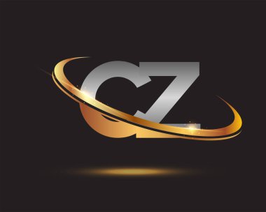 İlk harfi CZ logotype şirketi. Renkli altın ve gümüş rengi desenli. Siyah arkaplanda izole.