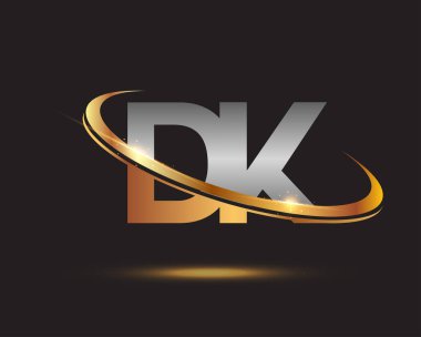 İlk harfi DK logotype şirketi. Renkli altın ve gümüş rengi desenli. Siyah arkaplanda izole.