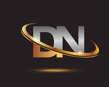 İlk harfi DN logotype şirketi. Renkli altın ve gümüş rengi desenli. Siyah arkaplanda izole.