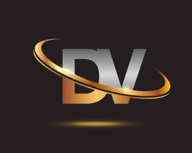 İlk harfi DV logotype şirketi. Renkli altın ve gümüş rengi desenli. Siyah arkaplanda izole.