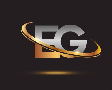 İlk harf EG logotype şirketi. Renkli altın ve gümüş rengi desenli. Siyah arkaplanda izole.