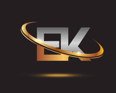 İlk harfi EK logotype şirketi. Renkli altın ve gümüş rengi desenli. Siyah arkaplanda izole.