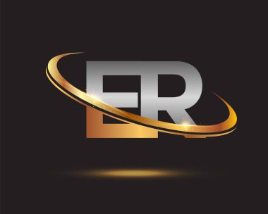 İlk harfi ER logotype şirketi. Renkli altın ve gümüş rengi desenli. Siyah arkaplanda izole.