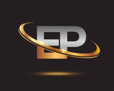 İlk harf olarak EP logotype şirketinin adı altın ve gümüş rengi desenli. Siyah arkaplanda izole.