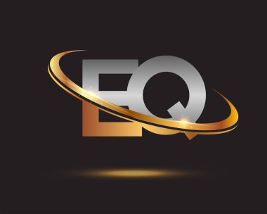 İlk harfi EQ logotype şirketi. Renkli altın ve gümüş rengi desenli. Siyah arkaplanda izole.