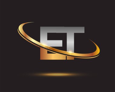 İlk harf ET logotype şirketi. Renkli altın ve gümüş rengi desenli. Siyah arkaplanda izole.