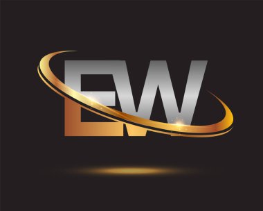İlk harfi EW logotype şirketi. Renkli altın ve gümüş rengi desenli. Siyah arkaplanda izole.