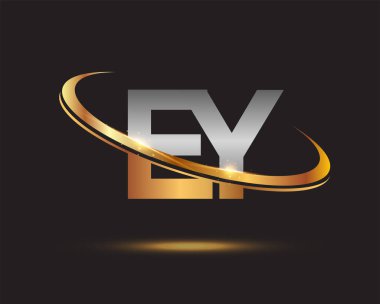 İlk harf EY logotype şirketinin adı altın ve gümüş rengi desenli. Siyah arkaplanda izole.