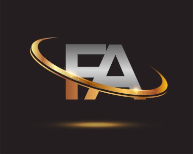 İlk harfi FA logotype şirketi. Renkli altın ve gümüş rengi desenli. Siyah arkaplanda izole.