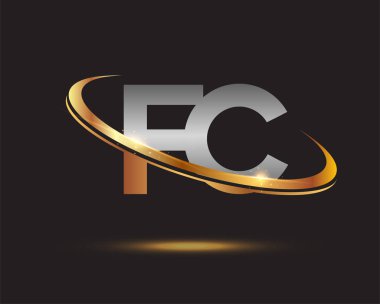 İlk harf FC logotype şirketi. Renkli altın ve gümüş rengi desenli. Siyah arkaplanda izole.