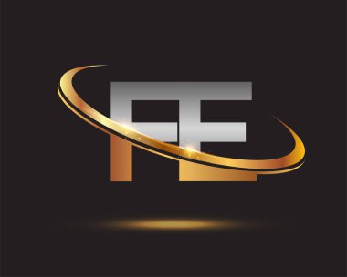 FE logotype şirketinin ilk harfi altın ve gümüş rengi desenli. Siyah arkaplanda izole.