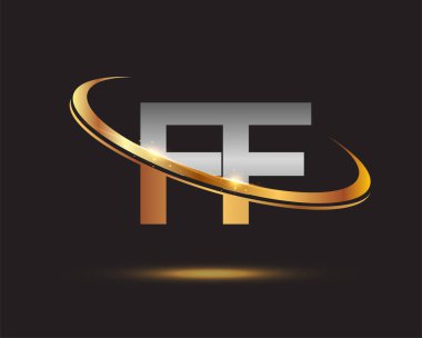 İlk harfi FF logotype şirketi. Renkli altın ve gümüş rengi. Siyah arkaplanda izole.