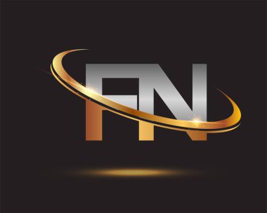 İlk harfi FN logotype şirketi. Renkli altın ve gümüş rengi desenli. Siyah arkaplanda izole.