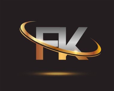 İlk harfi FK logotype şirketi. Renkli altın ve gümüş rengi desenli. Siyah arkaplanda izole.
