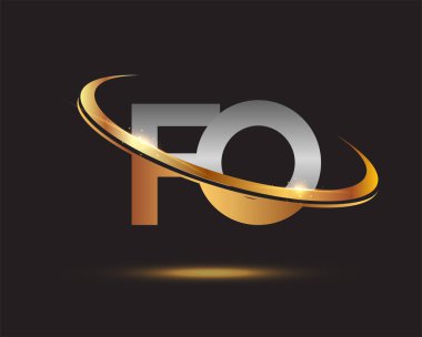 İlk harf Fo Logotype Şirketi. Renkli altın ve gümüş rengi desenli. Siyah arkaplanda izole.