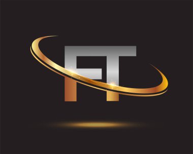 İlk harfi FT logotype şirketi. Renkli altın ve gümüş rengi desenli. Siyah arkaplanda izole.