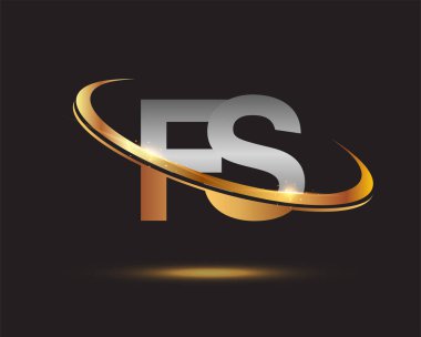 İlk harf FS logotype şirketi. Renkli altın ve gümüş rengi desenli. Siyah arkaplanda izole.