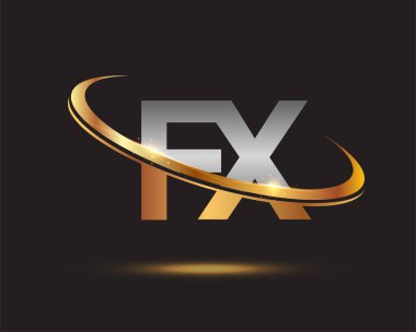 İlk harfi FX logotype şirketi. Renkli altın ve gümüş rengi desenli. Siyah arkaplanda izole.