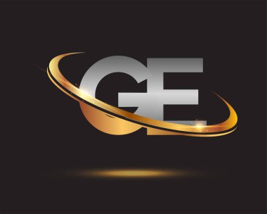İlk harf GE logotype şirketi. Renkli altın ve gümüş rengi desenli. Siyah arkaplanda izole.