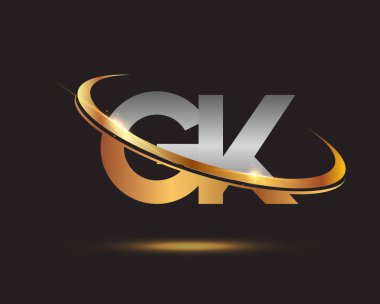 İlk harfi GK logotype şirketi. Renkli altın ve gümüş rengi desenli. Siyah arkaplanda izole.