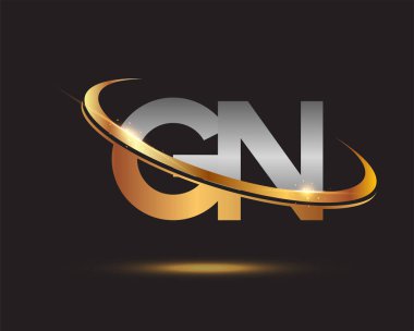 İlk harfi GN logotype şirketi. Renkli altın ve gümüş rengi desenli. Siyah arkaplanda izole.