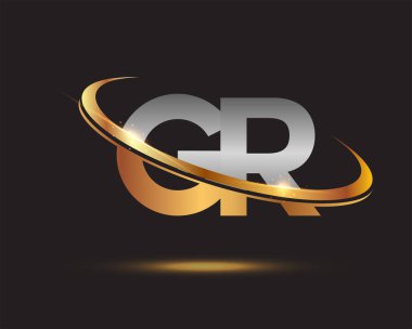 İlk harf GR logotype şirketi. Renkli altın ve gümüş rengi desenli. Siyah arkaplanda izole.