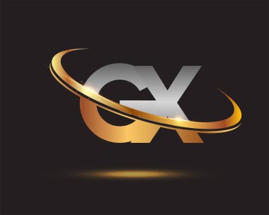 İlk harfi GX logotype şirketi. Renkli altın ve gümüş rengi desenli. Siyah arkaplanda izole.