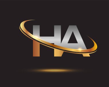 İlk harf HA logotype şirketi. Renkli altın ve gümüş rengi desenli. Siyah arkaplanda izole.