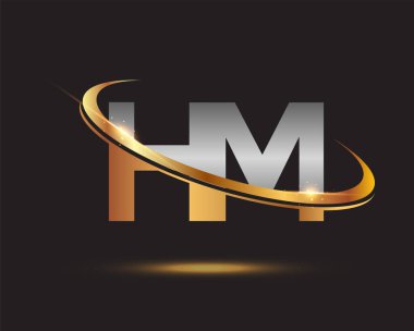 İlk harf HM logotype şirketi. Renkli altın ve gümüş rengi desenli. Siyah arkaplanda izole.