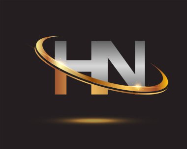 İlk harf HN logotype şirketi. Renkli altın ve gümüş rengi desenli. Siyah arkaplanda izole.