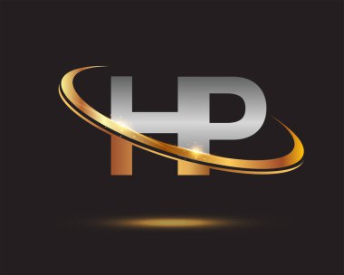 İlk harf HP logotype şirketinin adı altın ve gümüş rengi desenli. Siyah arkaplanda izole.
