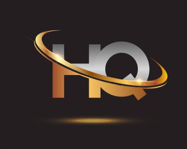 HQ logotype şirketinin ilk harfi. Renkli altın ve gümüş rengi desenli. Siyah arkaplanda izole.
