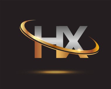 İlk harf HX logotype şirketi. Renkli altın ve gümüş rengi desenli. Siyah arkaplanda izole.