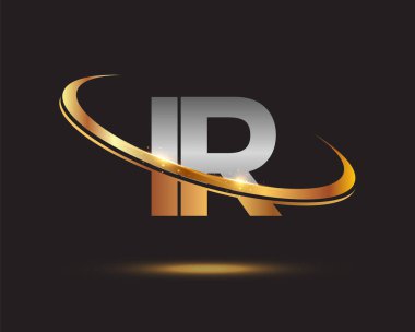 IR logoti şirketinin ilk harfi. Renkli altın ve gümüş rengi. Siyah arkaplanda izole.