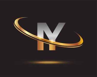 İlk harfi IY logotype şirketi. Renkli altın ve gümüş rengi desenli. Siyah arkaplanda izole.