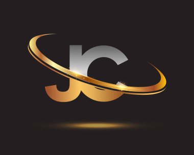 İlk harf JC logotype şirketi. Renkli altın ve gümüş rengi desenli. Siyah arkaplanda izole.
