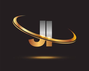 İlk harf JI logotype şirketi. Renkli altın ve gümüş rengi desenli. Siyah arkaplanda izole.