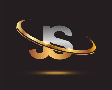 İlk harf JS logotype şirketi. Renkli altın ve gümüş rengi desenli. Siyah arkaplanda izole.